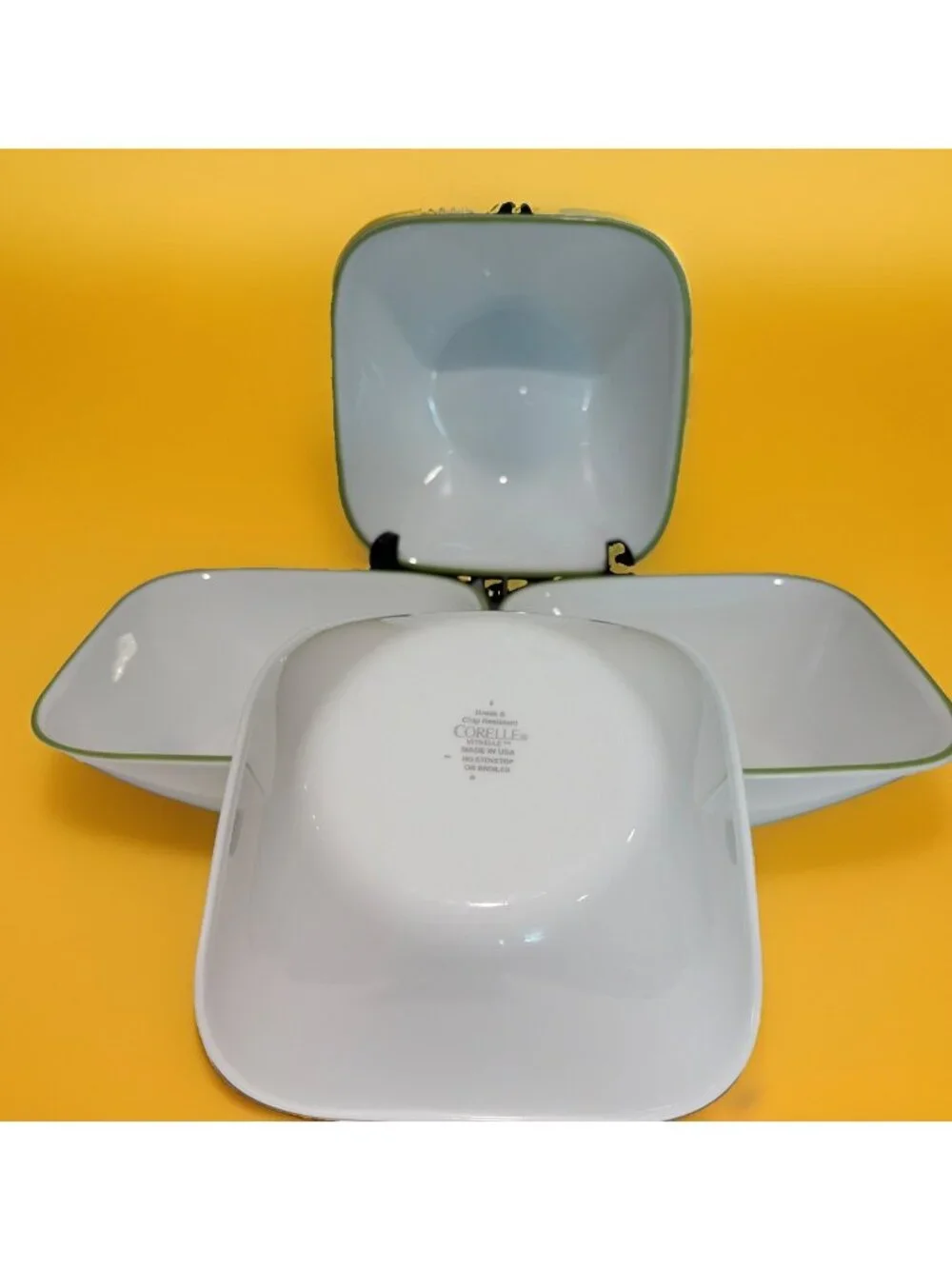 4 Corelle Corning Ware Buttercup Square 6 1/2 Inch Cereal Soup Bowls Green Trim